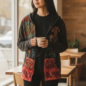 The Collection Royal Black Hoodie Distressed Patchwork/Embroidered size Large